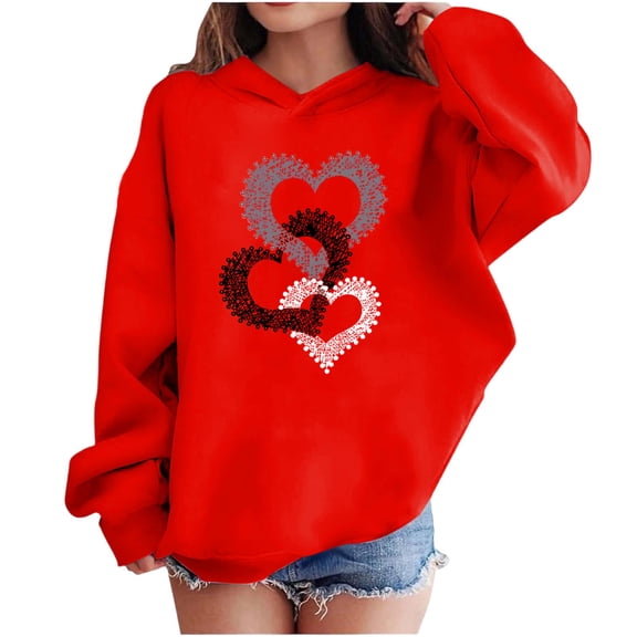 Valentine Hooded Sweatshirts For Kids Long Sleeve Print Pullover Tops Holiday Casual Loose Stylish Hoodies (13 Years, Red-B)