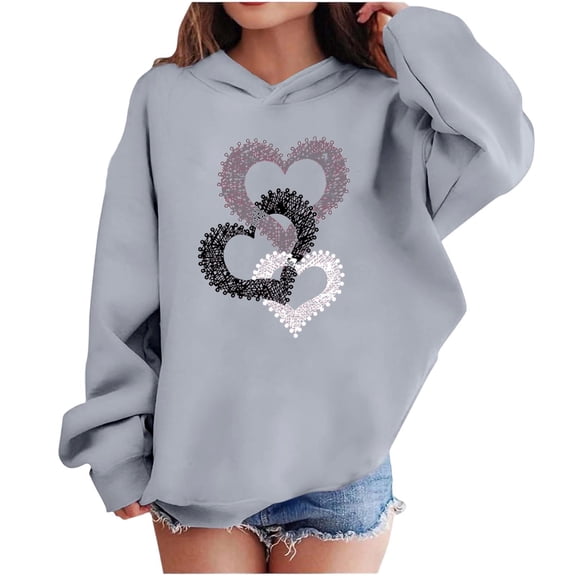 Valentine Hooded Sweatshirts For Kids Long Sleeve Print Pullover Tops Holiday Casual Loose Stylish Hoodies (9 Years, Gray-B)