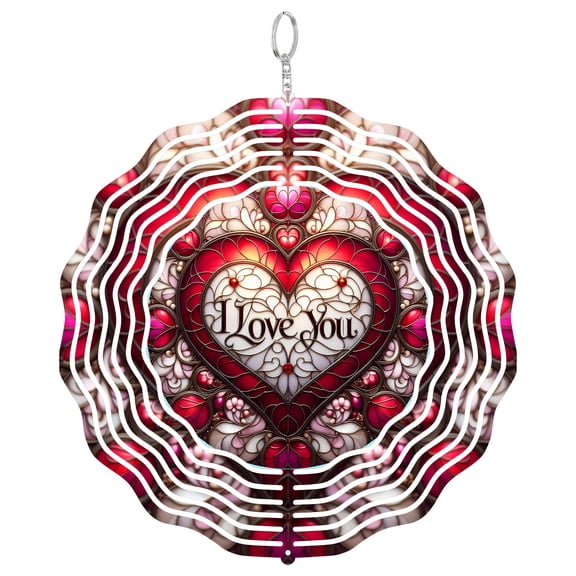 Valentine I Love You Heart Romantic 3D Wind Spinner, Stainless Steel Kinetic Art, Simple Love Message Yard Gift, Round