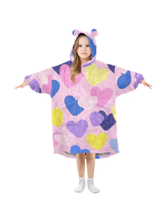 Valentine Illustration Purple Yellow Pink Blue Hearts Flannel Wearable Blankets Hooded Design Long Sleeves Wrap Unisex for 3T-14Y S