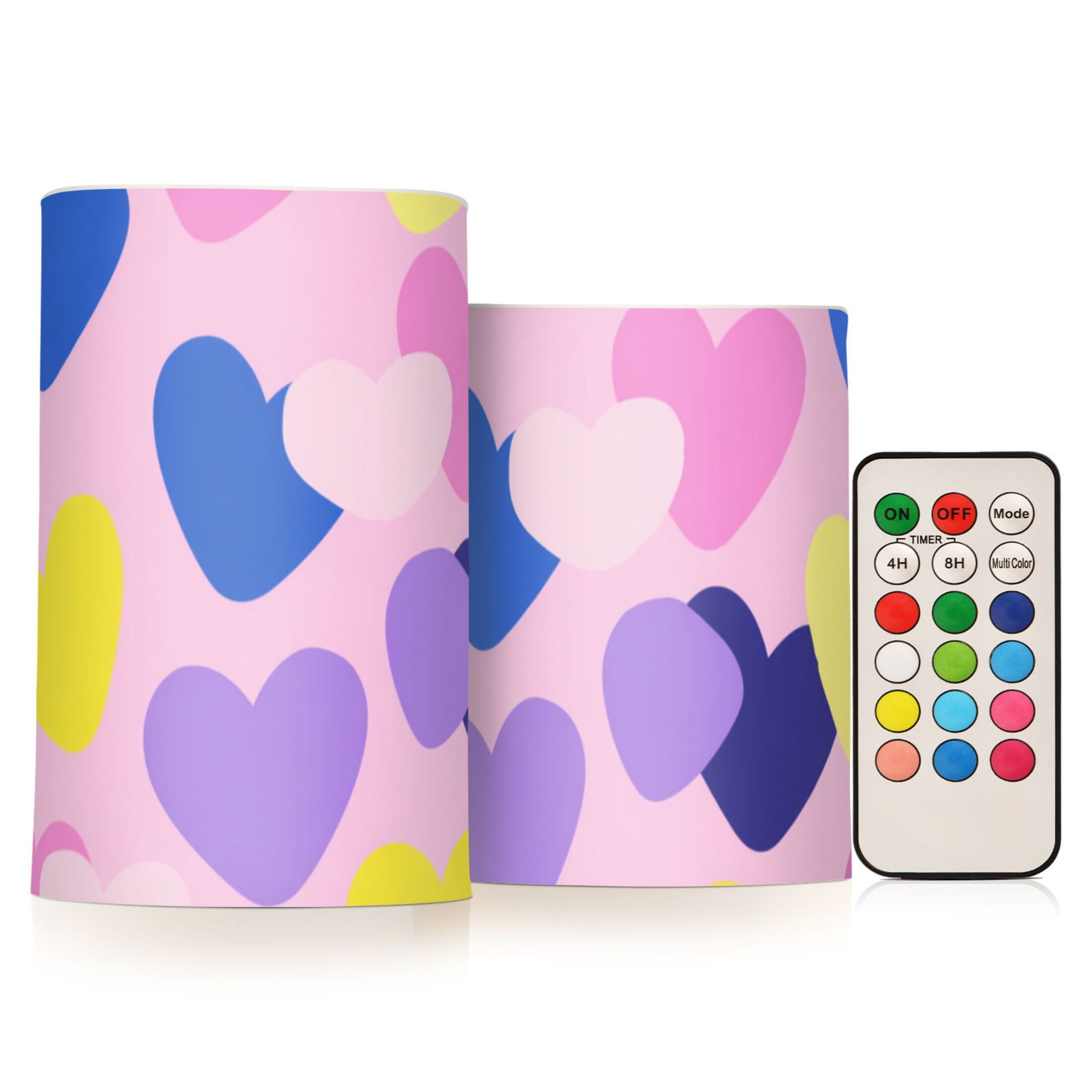 Valentine Illustration Purple Yellow Pink Blue Hearts Flickering Flameless Candles LED Tealight Battery Operated with Remote Set of 2 Holiday Decor Ornaments