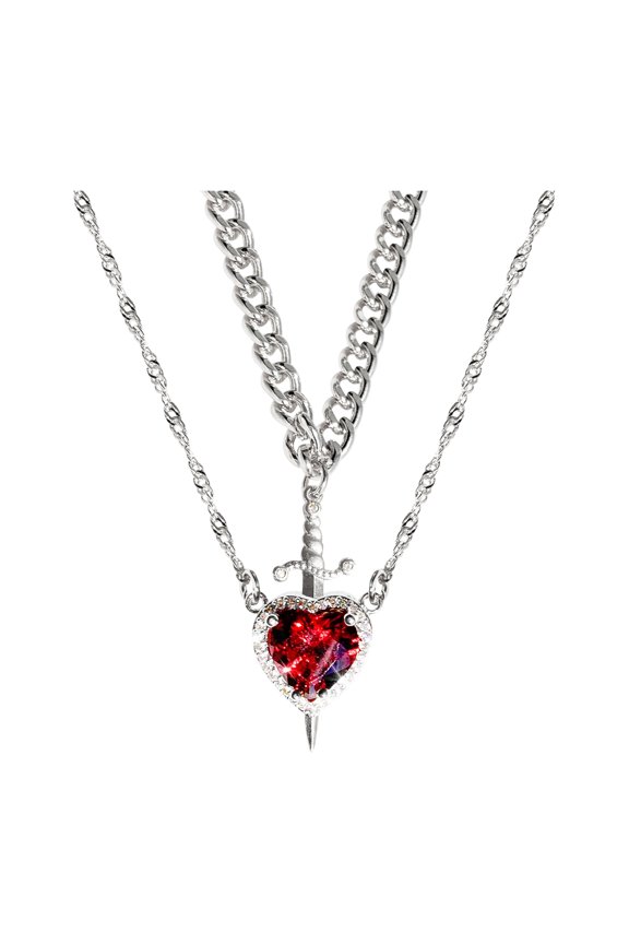 Valentine Jewelry New Hot-Selling Red Crystal Heart-Shaped Dagger Pendant Necklace Chain Necklaces for Men Women Classic Cool Chain Necklace Jewelry Gift