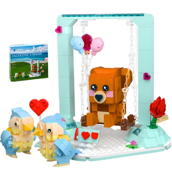 Valentine Love Birds Brown Bear Building Sets, Lovebirds Swings Bear Flower Heart Arrow I Love U Board, Valentine Gifts for Her, Kids Classroom.(485PCS)