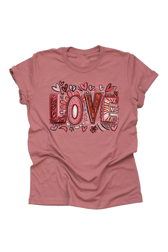 Valentine Love Fancy Font Graphic Design Casual Short Sleeve Shirt ( Medium, Mauve)