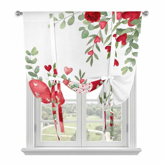 Valentine Love Heart Balloon Curtains 63 Inch Length for Living Room/Bedroom, Red Eucalyptus Leaf Botanical Rod Pocket Privacy Door Curtains Decorative Tie Up Shade for Window 52"x63"