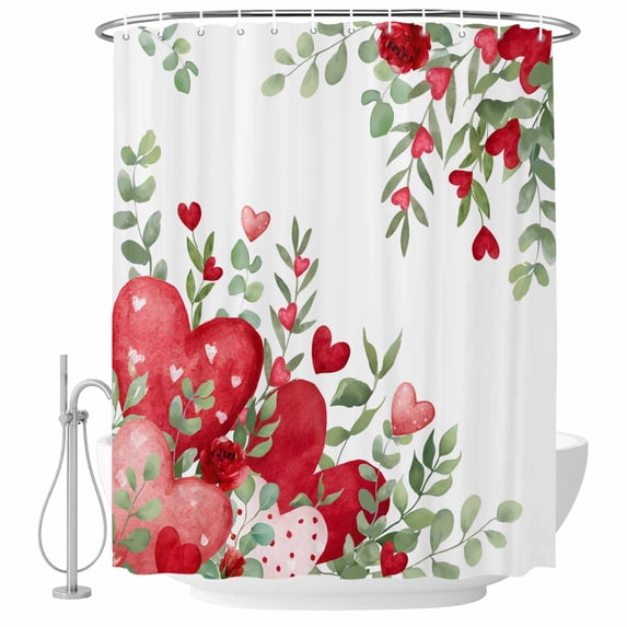 Valentine Love Heart Shower Curtain, Waterproof Shower Curtains for Bathroom, Red Eucalyptus Leaf Botanical Washable Fabric Bathtub Curtain Set Bath Decor with 12 Hooks Standard 72"x72"