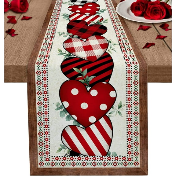 Valentine Love Table Runner Cotton Linen 36 Inch Holiday Dresser Scarves, Eucalyptus Leaf Floral Southwest Ethnic Tribes Tablerunner for Kitchen Coffee/Dining Living Room Dinner Scarf Décor 13x36