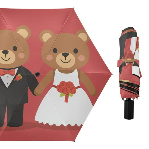 Valentine Married Bears All Weather Umbrella Triple Folding Parasol 6 Ribs UV Protection Portable