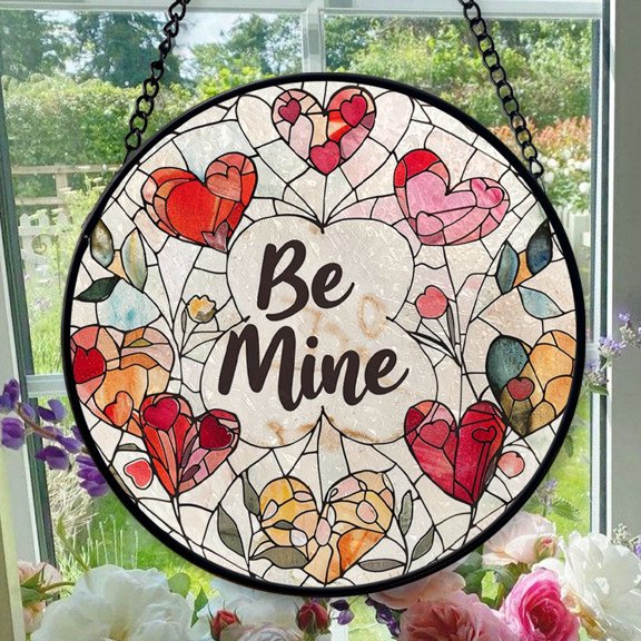 Valentine Be Mine 1 Hanging Stained Glass for Windows, Holiday Festival Ornament, Gift for Mom, Romantic Valentine Decoration, Holiday Tree Ornament, Festive Memory 2025