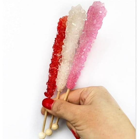 Valentine Mix Classic Rock Candy Sticks (Pink Cherry, Red Strawberry & Clear White), Sugar Rock Crystal Lollipops, Individually Wrapped, Pack of 18