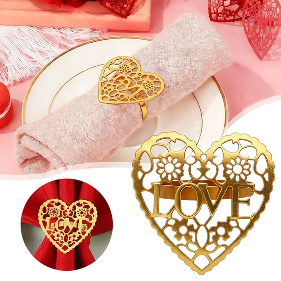 Valentine Napkin Rings,Heart Napkin Rings,Hollow-Out Heart Napkin Rings Table Decorations Heart Napkin Holders for Valentine's Day Wedding Anniversary Family Party Table Decoration(Gold)