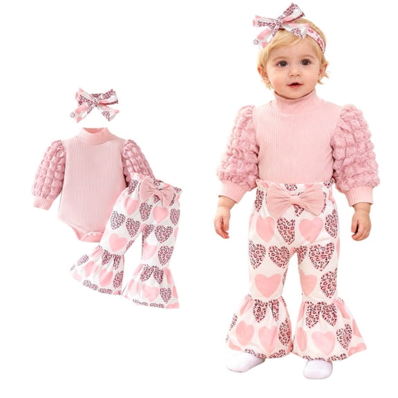 Valentine Outfit Baby Girl Long Sleeve Heart Print Romper Bodysuit Flare Pants and Headband Set Cute Baby Girl Outfit Girl Clothes 12-18 Months