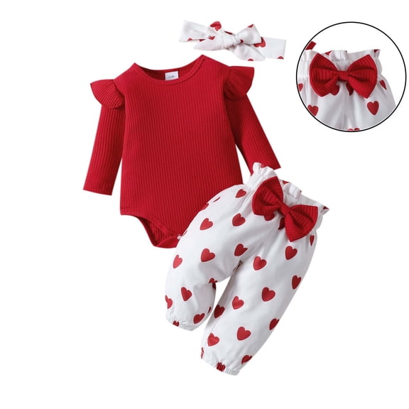 Valentine Outfit Baby Girl Long Sleeve Heart Print Ruffle Romper Bodysuit Pants and Headband Set Cute Baby Girl Clothes 6-9 Months Old Girl Outfit