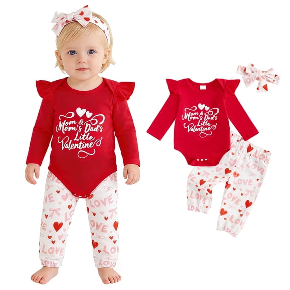 Valentine Outfit Baby Girl Long Sleeve Letter Print Ruffle Romper Bodysuit Pants and Headband Set Cute Girl Outfits Baby Girl Clothes 0-3 Months