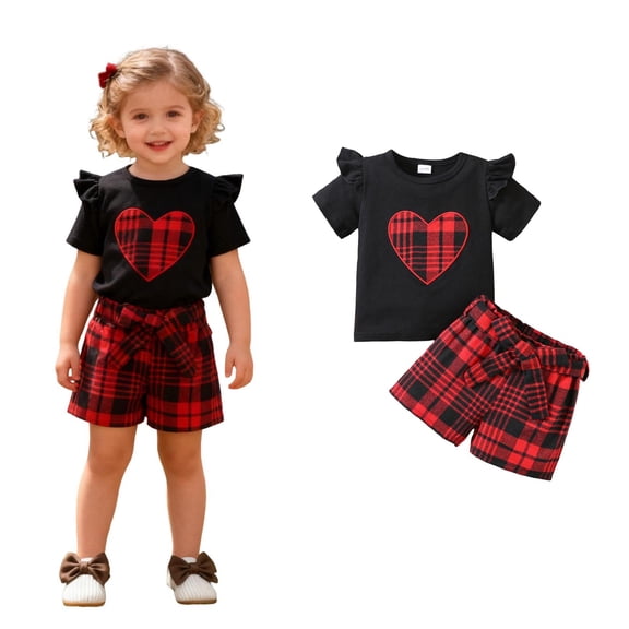 Valentines Baby Girl Outfit Short Sleeve Plaid Ruffle Top and Pants Set Cute Baby Girl Outfit Baby Girl Clothes 4-5 Years