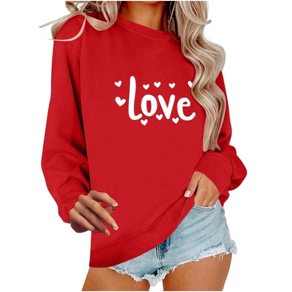 Valentines Day Outfit Women Love Heart Print T-Shirt Crewneck Graphic Sweatshirt Valentine Long Sleeve Shirts Spring Clothes for Women