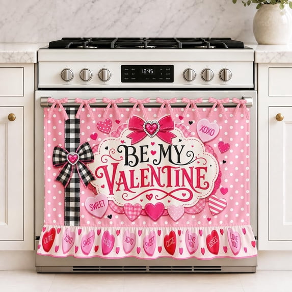 Valentine Oven Skirts Buffalo Plaid Pink Heart Style Farmhouse Tie Top Oven Curtain for Door Decorative Stove Cover Ribbon Ties Use for Oven Dishwashers Washing Machine