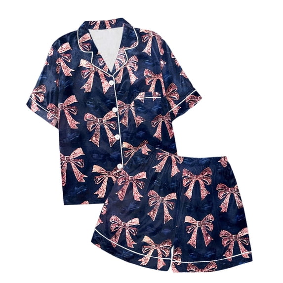 Valentine Pajamas Toddler Girls Satin Button-Down Cute Printed Short Sleeve Pjs Silk Tops and Shorts Trendy Home Outfit Set 2 Piece Summer Loungewear Nightwear Outfits Dark Blue,12-13 Years