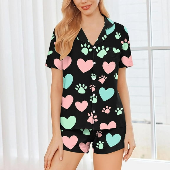 Valentine Pajamas Women Short Set Silk Cute Heart Graphic Short Sleeve Lapel Collar Tops and Bottoms Lounge Shirts with Pocket Soft 2 Piece Sleepwear Outfits
