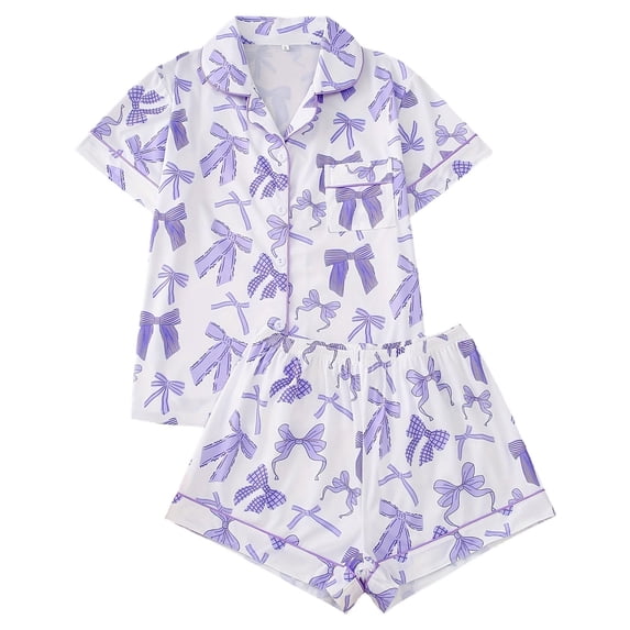 Valentine Pajamas for Women Bow Print 2 Piece Pjs Sets Sleepwear Short Sleeve Button Down Shirt and Shorts Purple Loungewear L