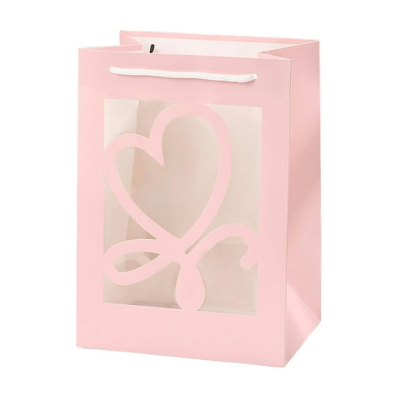 Valentine Paper Bags with Clear Window, Heart Hallow Gift Bags Bulk with Handle Kraft Shopping Bags for Graduation Birthday Bridal Shower Flower Bouquet Presents Wrapping