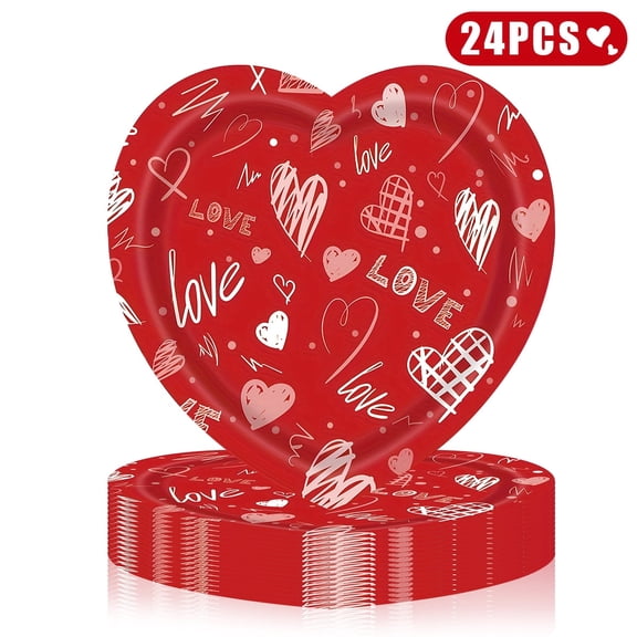 Valentine Paper Plates Party Supplies Red Heart Dessert Plates Romantic Dinner Plates for Valentines Day Dinnerware 24Pcs Set 1