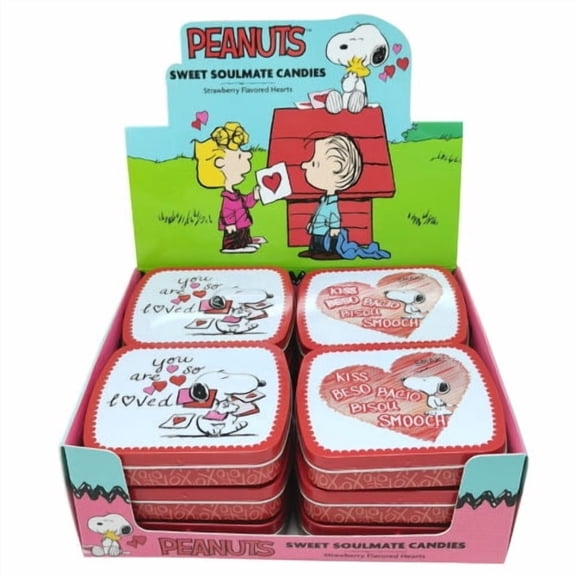 Boston America Peanuts Sweet Soulmates Strawberry Hearts Candies Valentine's Day Snoopy Tin 12 Count Display Box 1.75 Ounce