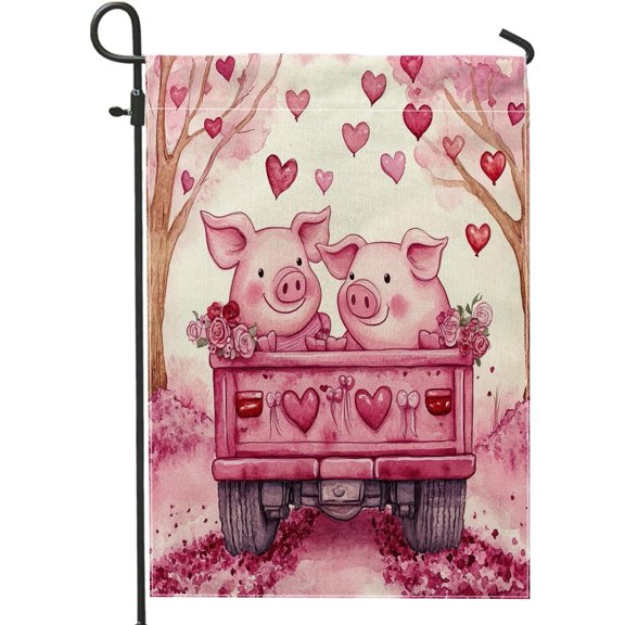 Valentine Pig Garden Flag 12x18 Inch Double Sided Farmhouse Animal Couple Vertical Canvas House Flag for Front Yard Backyard Lawn