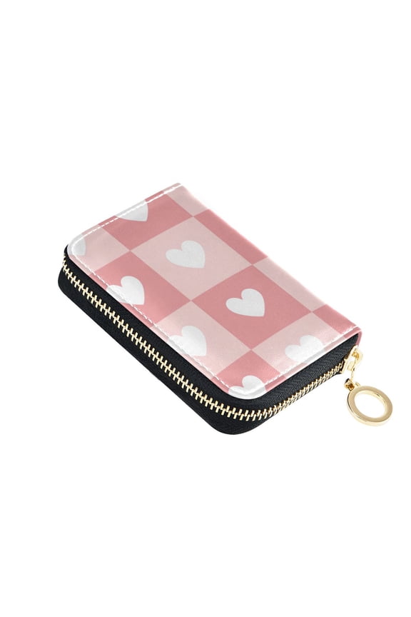 Valentine Pink Checkered Pattern with Hearts Women's Credit Card Holder PU Leather Zipper Wallet RFID Blocking