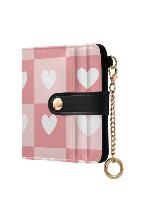 Valentine Pink Checkered Pattern with Hearts Women's Wallet PU Leather Card Cases RFID Blocking Purse Billfold with Key Ring