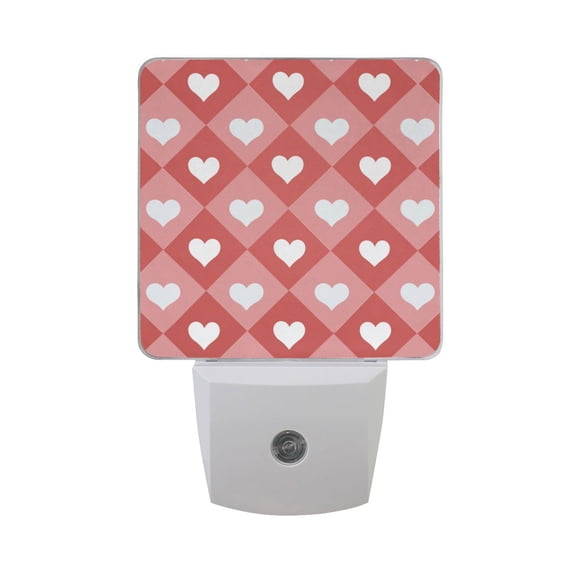 Valentine Pink Diagonal Plaids with White Hearts LED Night Light Sensor Lamp Plug-in Adjustable Brightness 2 Pack