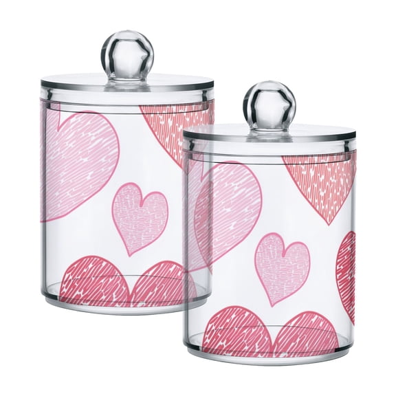 Valentine Pink Doodle Heart Pattern Translucent Plastic Cans Storage Canisters with Lid Set of 2