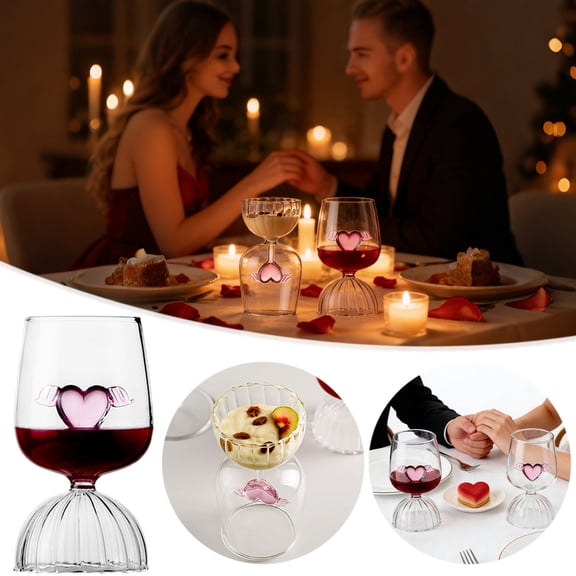 Valentine Pink Heart Wing Double Ended Lead-Free Crystal Lowball Tumbler 350ml Romantic Wine Dessert Cocktail Glass Balanced Anti-Tip Drinkware Gift for Anniversary Bridal Shower Date Night