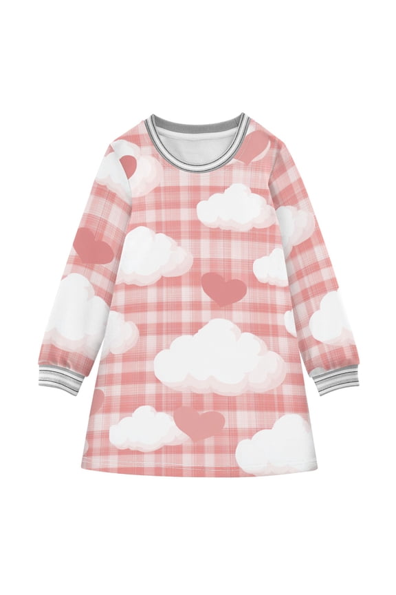 Valentine Pink Plaids Clouds and Hearts Long-sleeved Dress A-line One-Piece Dress for 2-8 Years Casual Party 3T