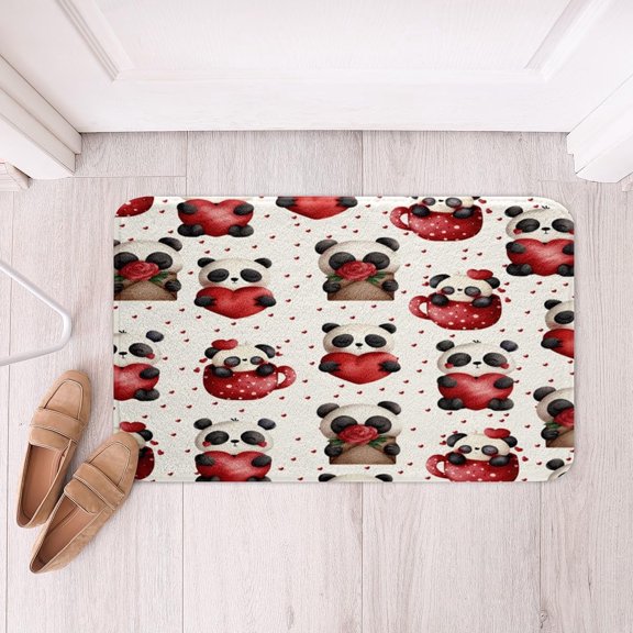 Valentine Polyester Bath Rug Cute Panda Soft Fleece Non Slip Bathroom Door Mat Red and White Heart Design 16x24 Inch Indoor Doormat