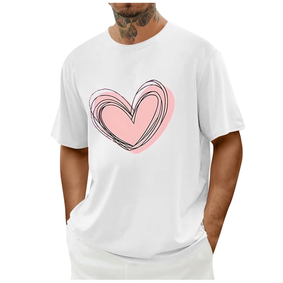 Valentine Print Tee for Men Short Sleeve Round Neck Simple Casual Top White L
