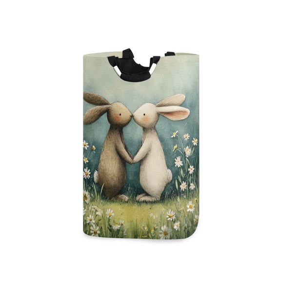 Valentine Rabbits Hold Hands and Kiss Laundry Basket with Handles Foldable Laundry Hamper Freestanding Washing Bin 50L