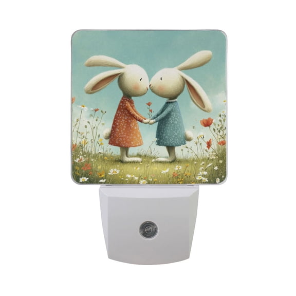Valentine Rabbits in Love with Flowers LED Night Light Sensor Lamp Plug-in Adjustable Brightness 2 Pack