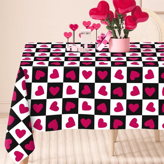 Valentine Rectangle Tablecloth Black Pink Hearts Plaids Fabric Table Cloth Washable Love Heart Table Cover for Wedding Anniversary, 60 x 102 Inch