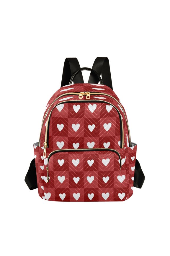 Valentine Red Checkerboard with White Hearts Quilted Backpack Fashion Daypack Commuter Bag for Women 8.5 L