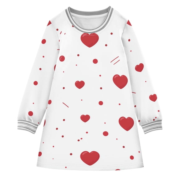 Valentine Red Hearts Dots Long-sleeved Dress A-line One-Piece Dress for 2-8 Years Casual Party 2T