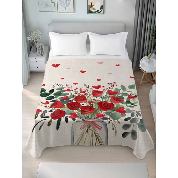 Valentine Red Love Heart Queen Size Flat Sheet, Wrinkleproof & Fadeproof Cooling Flat Bed Sheet Only, Eucalyptus Leaves Rose Vintage Breathable Soft Bedding Top Sheets 90 x 102 Inches