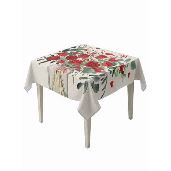 Valentine Red Love Heart Table Cloth, Eucalyptus Leaves Rose Vintage Waterproof Tablecloth for Square Tables, Reusable Washable Fabric Table Cover for Restaurant Kitchen Dining Tables 54"x54"