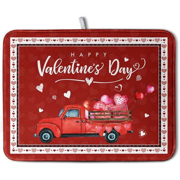 Valentine Red Truck Love Heart Dish Drying Mat 16x18 Inch Happy Valentine''s Day Drying Mat for Kitchen Counter Microfiber Dish Drainer Mats Absorbent Dish Rack Pad for Home Coffee Bar Sinks
