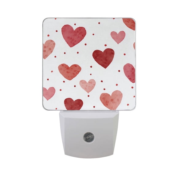 Valentine Red Watercolor Hearts with Dots LED Night Light Sensor Lamp Plug-in Adjustable Brightness 2 Pack