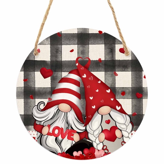 Valentine, Round Front Door Welcome Sign, 5.9 Inch Wall Hanging Decor for Indoor Outdoor, Buffalo Plaid Gnomes Love Valentine's Day Home Porch Hanger Decorations for Holiday Gift