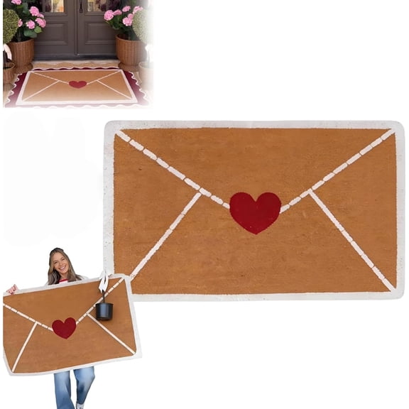 Valentine Rug Heart Envelope Doormat, Valentine's Day Red Heart-Shaped Envelope Outdoor Faux Coconut Fiber Door Mat, Non-Slip Rubber Backing, for Front Door Decor(18*30in)