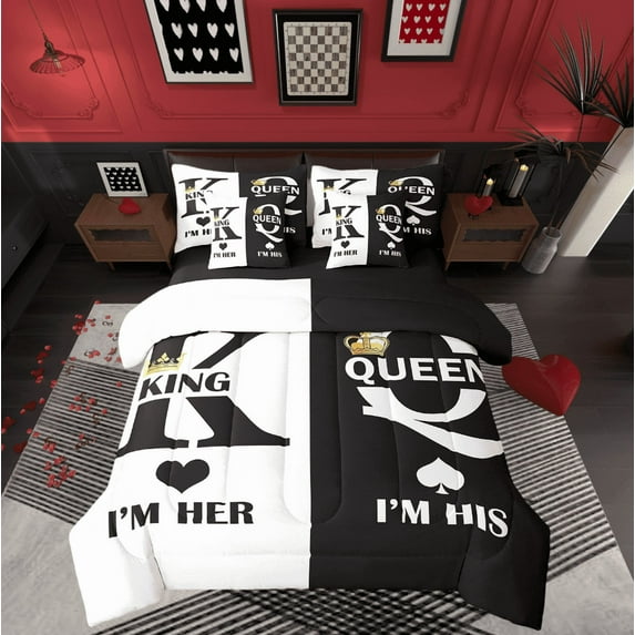 Valentine'S Day 7 Piece Comforter Set King,King And Queen Crown Bedding Set For Couple Lovers,Her His Romantic Bed In A Bag Gifts,Mr Mrs Sheet Set With Comforter Black White