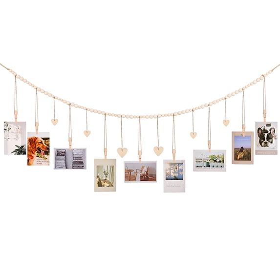 Valentine'S Day Cards Wooden Beads Photo Holder, 138x20cm/54.33x7.87In Brown Natural Wood Organiser for Wall Decor Memories Clips Display Gifts