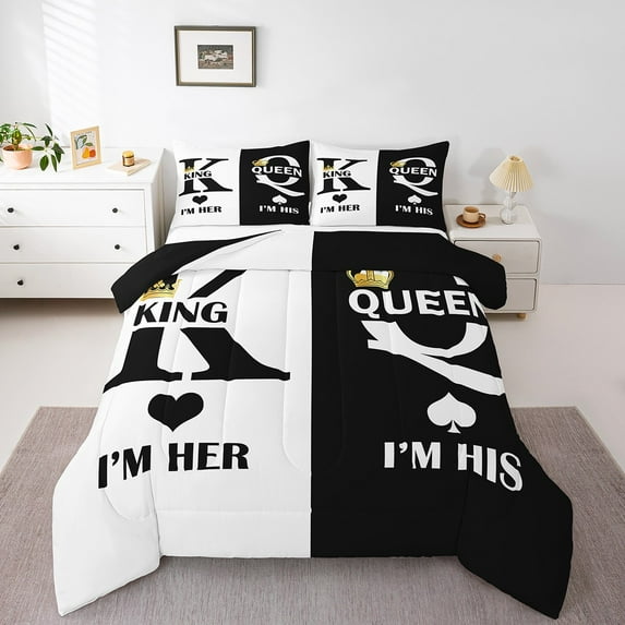 Valentine'S Day Comforter Set Queen Size,King And Queen Crown Bedding Set For Couple Lovers,Her His Romantic Down Comforter Gifts,Mr Mrs Quilt Set Black White Bedroom Decor 3 Pcs